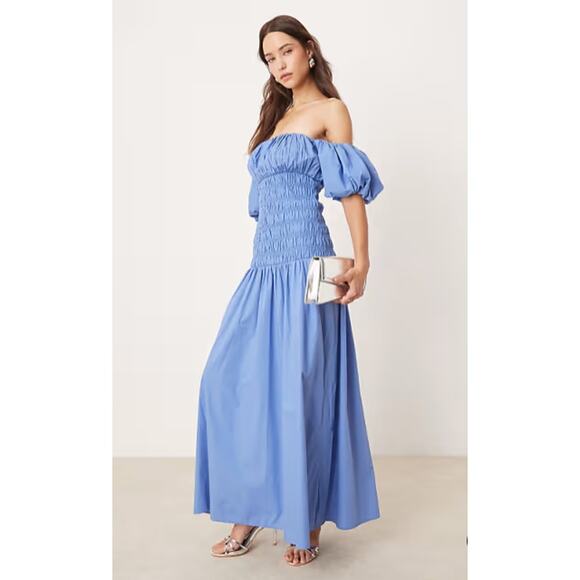 Abercrombie & Fitch Dress Off the Shoulder Smocked Puff Sleeve Milkmaid Blue  MP - mordernwear.com
